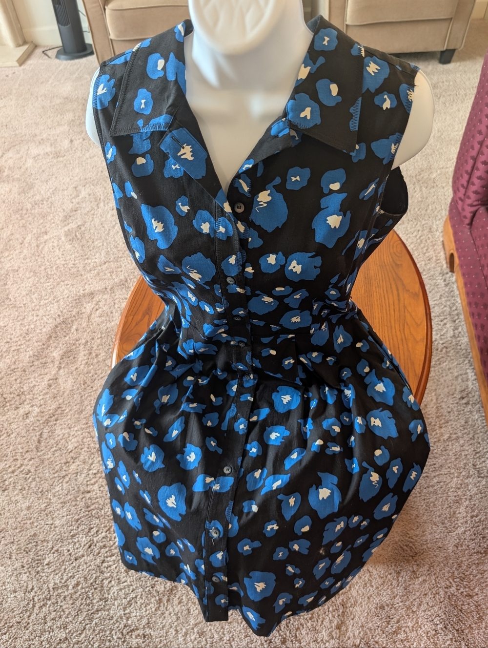 Oscar De La Renta Black/Blue/White Print Button-Front Cotton Dress, Size 10